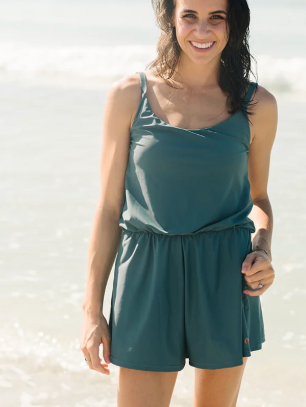 Honey Mark Rue Swim Romper in Juniper blue Sage Blue size Medium
